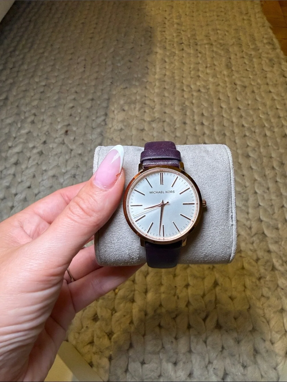 Michael Kors Purple Leather Strap Watch with Rose Gold Case and White Dial